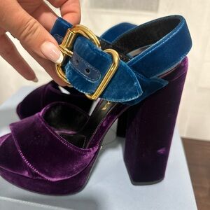 Prada Blue and Purple Velvet Heels with Gold Buckle